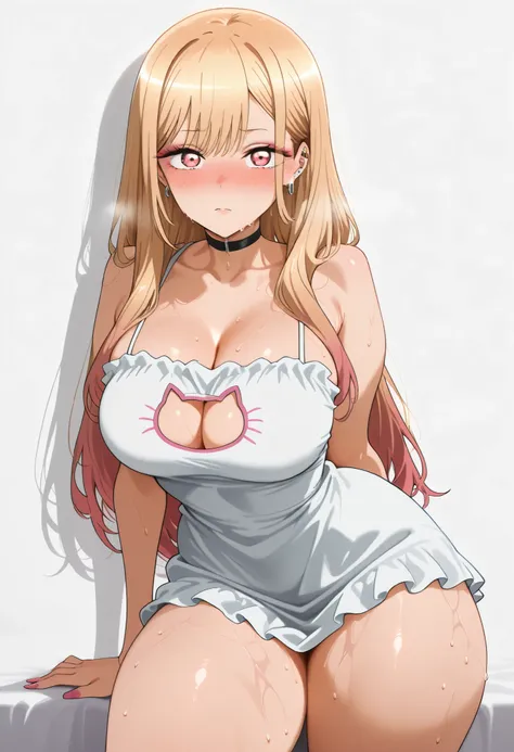 marin kitagawa, large breast, thic thigh,, multicolored hair, blonde hair, long hair, magenta eyes, ear piercing, earrings, pink nails, makeup,, nice legs, looking at viewer, solo, looking at viewer, nose blush, shiny legs, shiny body, shiny hair, clear sk...