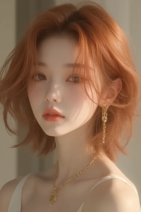 Wonyoung beautiful ,  very plump lips, shoulder length bob cut,  copper hair , full HD 4k,  thin