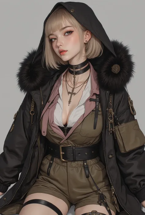 、前髪ぱっつん金髪ショートボブのオリエンタル美女、oversized mid-length hooded coat with military details and fluffy fur trim, in a black and khaki color scheme, coat open to reveal a stylish feminine outfit underneath, sleek white blouse with subtle pink accents, paired with short...