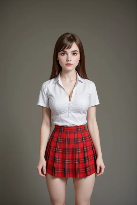 A (gorgeous young woman:1.4) standing in front of a grey background, studio photoshoot, in perfect lighting, frontal portrait, 3/4 shot, centered framing, neutral background, minimalism.
(Brunette hair:1.2), (perfect hair:1.3), shinny hair, (swept bangs:1...