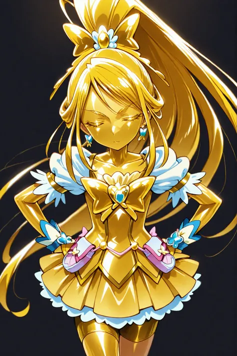 Cure Aqua, masterpiece, Highest Quality, Newest, very high resolution, closed eyes, gold髪, yellow sclera, close their mouths, no student , yellow skin, shiny skin, gold属の肌, Black eyebrows, Drooping eyebrows, 1girl, solo, cowboy shot in elaborate denim,...