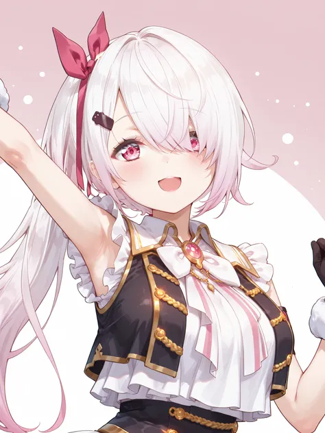 nijiyuikacos,white shirt,frilled shirt,shirt overhang,sleeveless,black vest,crop top vest,open vest,aiguillette,gold trim,white bow,pink brooch,single armband,black armband,white skirt,frilled skirt,layered skirt,black thigh strap,fur-trimmed gloves,,nijiy...