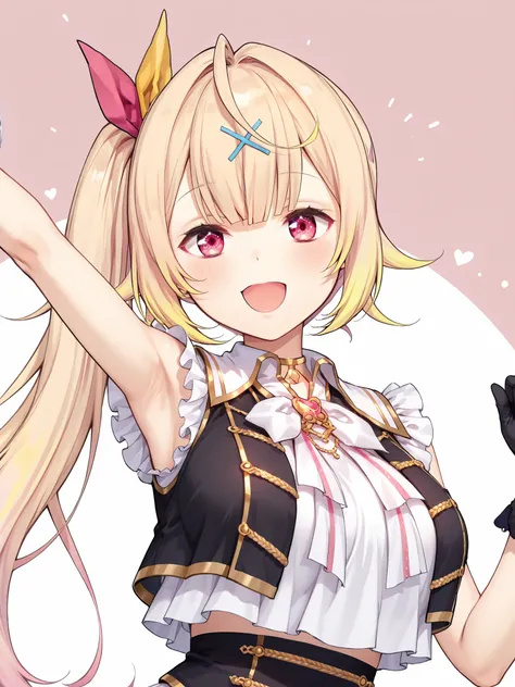 nijiyuikacos,white shirt,((frilled shirt)),shirt overhang,sleeveless,black vest,crop top vest,open vest,aiguillette,gold trim,white bow,pink brooch,single armband,black armband,white skirt,frilled skirt,layered skirt,black thigh strap,fur-trimmed gloves,,n...