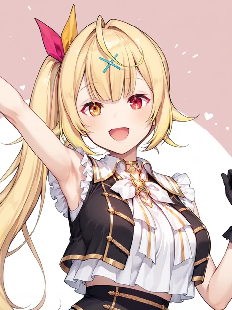 nijisaracos,white shirt,frills shirt,shirt overhang,sleeveless,black vest,crop top vest,open vest,aiguillette,gold trim,white bow,yellow brooch,yellow Traditional Oval Brooch ,nijisara,large breasts,heterochromia,red eye,yellow eye,blonde hair,long hair,si...