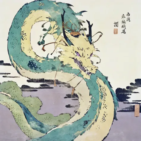 　Asian dragon,gold and green,purple eyes,simple background