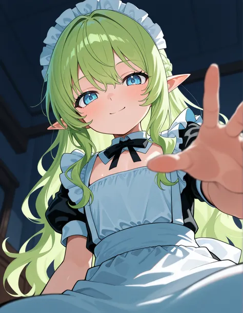 pov lap pillow,focus on chest,small chest,((ground level shot)), (maid), one girl, headdress, looking viewer, perfect face, cute, green hair, beautiful eyes,blue eyes,shiny eyes, smile eyes,pointy ears, wavy hair, long hair,elf ear,indoor,sitting on bed,da...