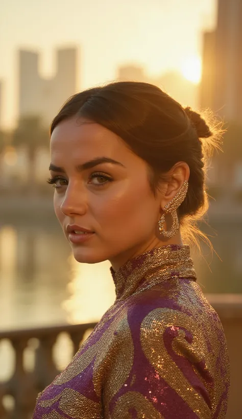 close up Ana de Armas with gold and purple brazer, golden earring
Background: boulevard moderno de Dubai, glass skyscrapers, carros de luxo, Palmeiras and artificial lake with golden reflections. People with elegant clothes and bright sunlight reflecting o...