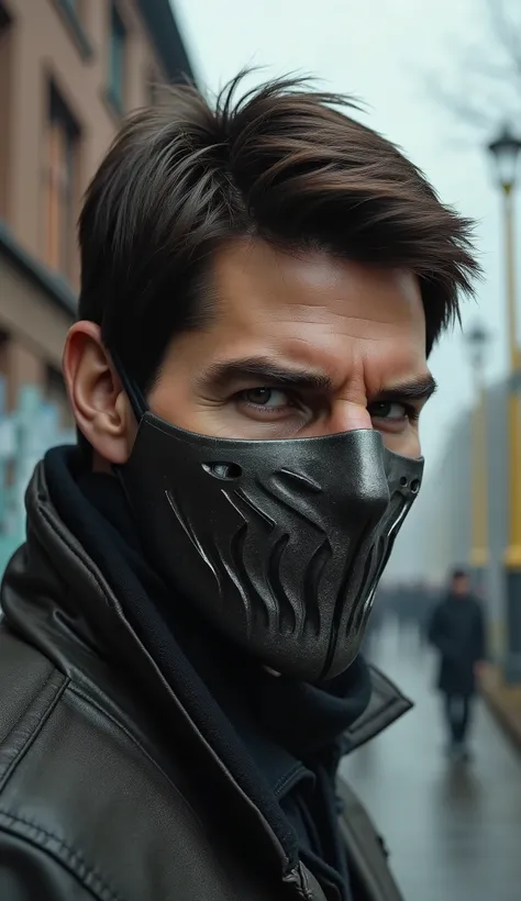 close up Tom Cruise like Havik from Mortal Kombat with a twisted iron mask covering his mouth, cold eyes and pale skin.
Fundo: Berlin industrial street, muros grafitados,  dry trees , fog and yellowish light poles, people walking far away. dark metallic at...