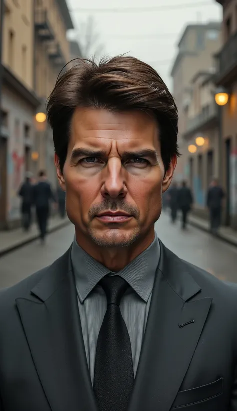 Close up Tom Cruise with grey suit
Fund: Berlin industrial street, muros grafitados,  dry trees , fog and yellowish light poles, people walking far away. dark metallic atmosphere.