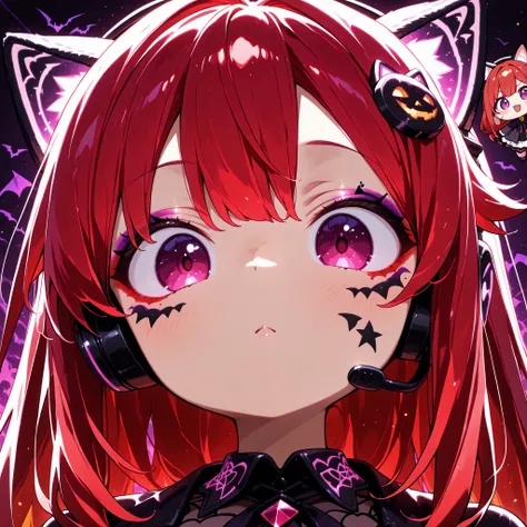 front angle, close-up, (masterpiece, 4k, ultra detailed, vivid colors), {chibi}: (a very cute chibi version, long red hair, expressive and lively purple eyes, wearing a cat ears headset, with artistic makeup on her face inspired by Halloween), neutral back...
