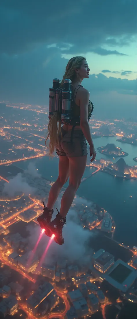 an ultra photo realistic full body image of a beautiful happy smiling 23 years old long double braid green pink yellow hair supermodel woman wearing a jetpack flying in the night sky, afterburner on the jetpack, aerial view of an image of a futuristic city...