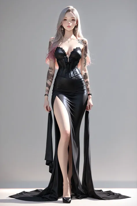 ((realistic, high fashion editorial, 8K)), elegant woman with intricate tattoos along her arms and collarbone, posing in a professional studio, wearing a sleek black corset dress, soft diffused lighting, clean grey background, artistic yet sensual expressi...