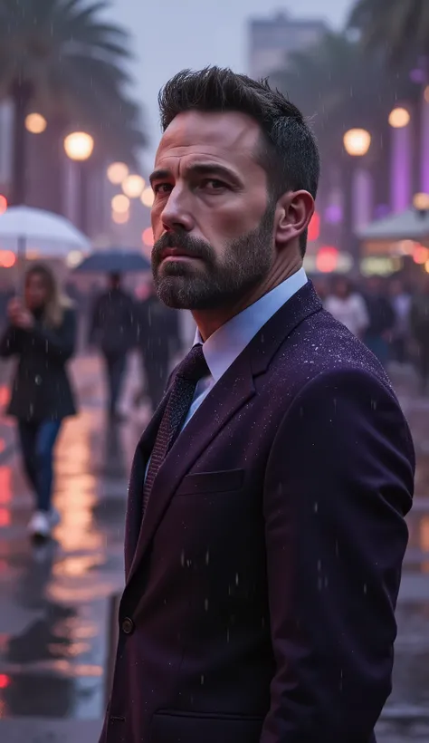 Close up Ben AFFLECK in dark purple suit, raindrops running down.
Fundo: Rua Londrina chuvosa, casas vitorianas, pole lights reflecting in pools of water, people with umbrellas. Cold, cinematic atmosphere with violet reflections.