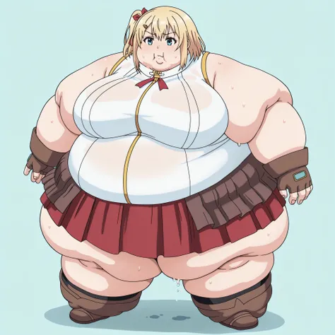 source_anime,  emma brightness, short hair, blue eyes, blonde hair, hair ornament, hairclip, large breasts, skirt, gloves, boots, sleeveless, socks, fingerless gloves, red skirt, brown footwear, brown gloves, blank_stare, empty_stare,  fat, chubby, obese, ...