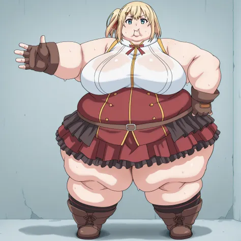 source_anime,  emma brightness, short hair, blue eyes, blonde hair, hair ornament, hairclip, large breasts, skirt, gloves, boots, sleeveless, socks, fingerless gloves, red skirt, brown footwear, brown gloves, blank_stare, empty_stare,  fat, chubby, obese, ...