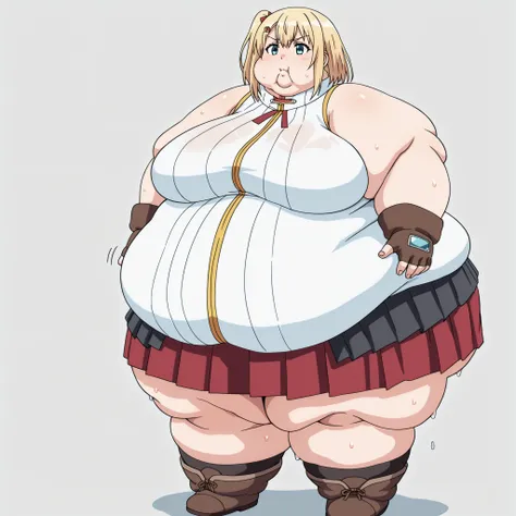 source_anime,  emma brightness, short hair, blue eyes, blonde hair, hair ornament, hairclip, large breasts, skirt, gloves, boots, sleeveless, socks, fingerless gloves, red skirt, brown footwear, brown gloves, blank_stare, empty_stare,  fat, chubby, obese, ...