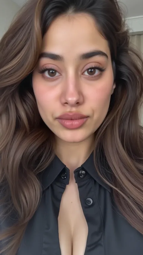 Wavy, dark brown hair cascades down shoulders in voluminous waves, adding texture and movement to the scene. The person is wearing a black shirt, buttoned low. The fabric appears to be cotton or another soft material, with a slight sheen catching the light...