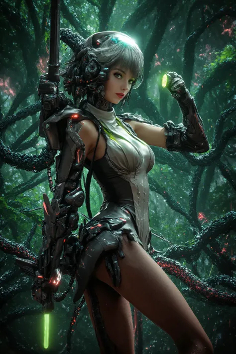 Sexy sci fi explorer (sci fi uniform slingshot bikini, scifi gloves and boots, electronic utility belt, bubble helmet, 50s ray gun, brightly lit  butt plug inserted), she is exploring an alien jungle with many vines, strange flowers, and man eating plants,...