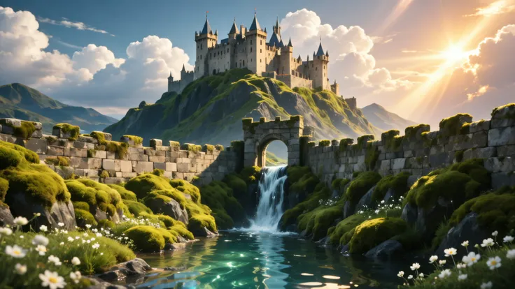 A medieval castle on top of a mountain surrounded by a stone fence, on the fence there is an opening for a small river that flows from the castle down the mountain. The mountain is covered with green moss, behind the large castle are white clouds and the s...