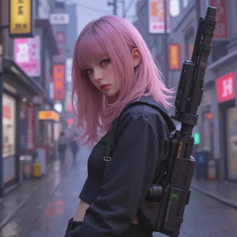 Photorealistic、realistic skin texture、tight cyberpunk fashion、Fluffy Shoulder-Length Hair、a dim cyberpunk city with lots of weapons on your back、beautiful pink eyes、pink hair、Carrying a large number of weapons