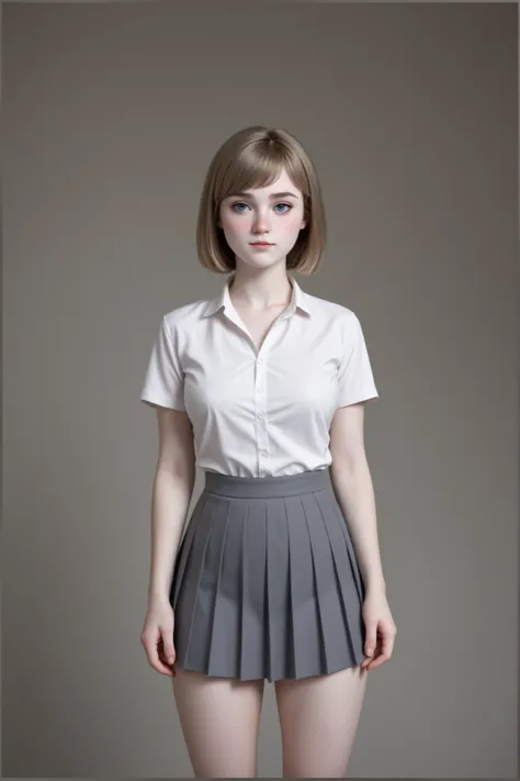 A (gorgeous young woman:1.4) standing in front of a grey background, studio photoshoot, in perfect lighting, frontal portrait, 3/4 shot, centered framing, neutral background, minimalism.
Short hair, (dirty blonde hair:1.3), (straight hair:1.5), (perfect h...