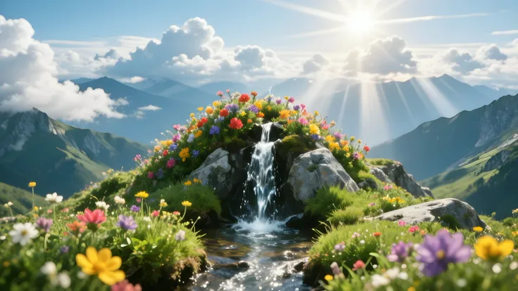 A mountain peak on which water springs, which flows into a stream. Colorful mountain flowers cover the top, in the distance on the horizon there are white clouds that block the sun and the sun's rays break through the sides, a beautiful scene of a mountain...