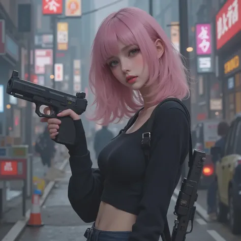 Photorealistic、realistic skin texture、tight cyberpunk fashion、Fluffy Shoulder-Length Hair、a dim cyberpunk city with lots of weapons on your back、beautiful pink eyes、pink hair、Carrying a large number of weapons、Point your muzzle at the camera