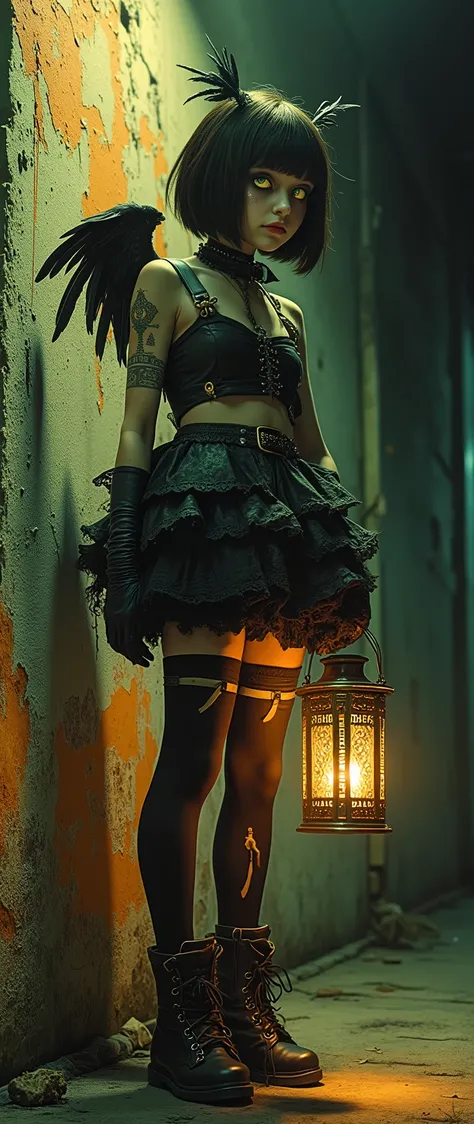 Night street. The light of a street lamp. A young Asthenic girl in a cosplay costume in Gothic style stands in the light of a street lamp. Full-length image. The body is turned in half a turn. The head is lowered. A look from under the brow. Short black ha...