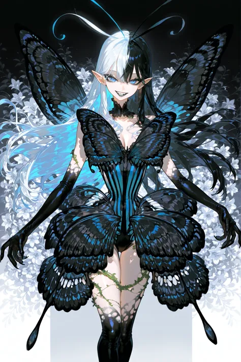 (SPLIT-COLOR HAIR,MIX OF BLACK AND WHITE HAIR,xxx667_illu,Black butterfly leotard, narrow waist,) Dark faèrie-girl. She has an asthenic skinny flat-chested physique, she has long elegant swan neck,clawed six-fingered limbs,long pointy ears. She has huge sh...