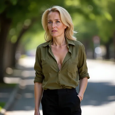 A professional photo of Gillian Anderson. She wears an unbuttoned olive colored shirt and black trousers. She is standing in the shadow of trees on a street with trees. It’s warm summer day. Gillian Anderson, (aquiline nose), saggy bosoms, small bosoms, 55...