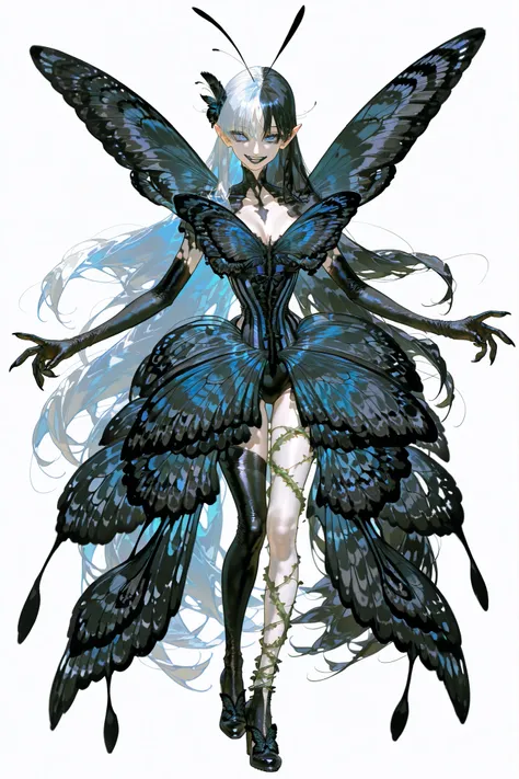(SPLIT-COLOR HAIR,MIX OF BLACK AND WHITE HAIR,) Dark faèrie-girl. She has an asthenic skinny flat-chested physique, she has long elegant swan neck,clawed six-fingered limbs,long pointy ears. She has huge sharp pitch black butterfly wings. She has elegant c...