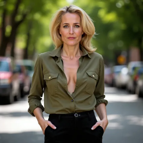 A professional photo of Gillian Anderson. She wears an unbuttoned olive colored shirt and black trousers. She is standing in the shadow of trees on a street with trees. It’s warm summer day. Gillian Anderson, (aquiline nose), saggy bosoms, small bosoms, 55...