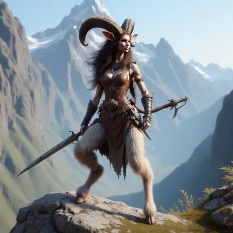 Create a 4k, photorealistic RPG player character. She is an female faun fighter. She has an attractive detailed face, long brown hair and wearing leather armor. She carries a longsword in one hand and a small dagger in the other. She has thin white fur goa...