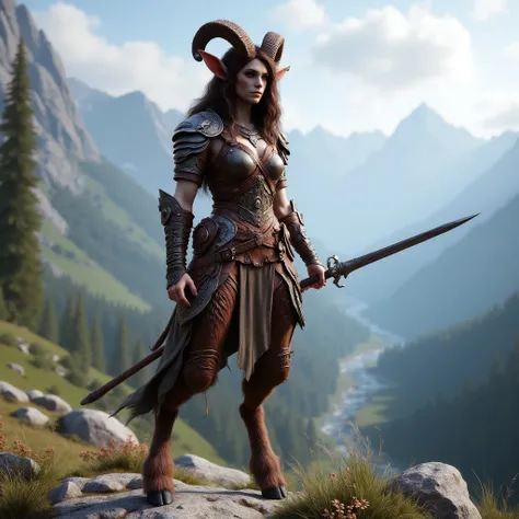 Create a 4k, photorealistic RPG player character. She is an female faun fighter. She has an attractive detailed human face, long brown hair and wearing leather armor. She carries a longsword. She stands on a mountainside