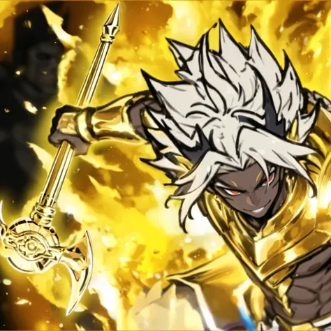 chef-d'œuvre, meilleure qualité, qualité étonnante, taned skin, gold armor, gold claws, millenium rod, male character,