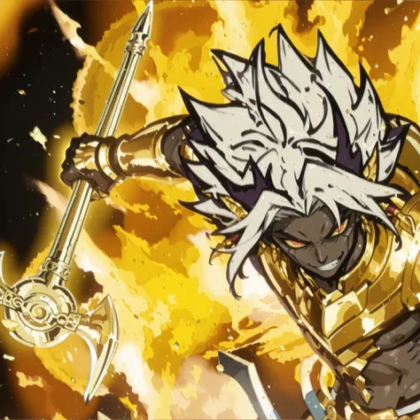 chef-d'œuvre, meilleure qualité, qualité étonnante, taned skin, gold armor, gold claws, millenium rod, male character, anime evil character,