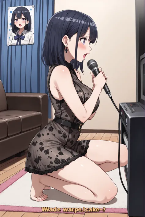 Hinata Hyuuga, medium hair, dark blue hair, square, Large breasts, skinny body, earrings, pink lips , lavender eyes, | (((masterpiece))), (((best quality))), (((from side))), (((karaoke machine wired))), singing, holding a mic, subtitle on TV, manga book...