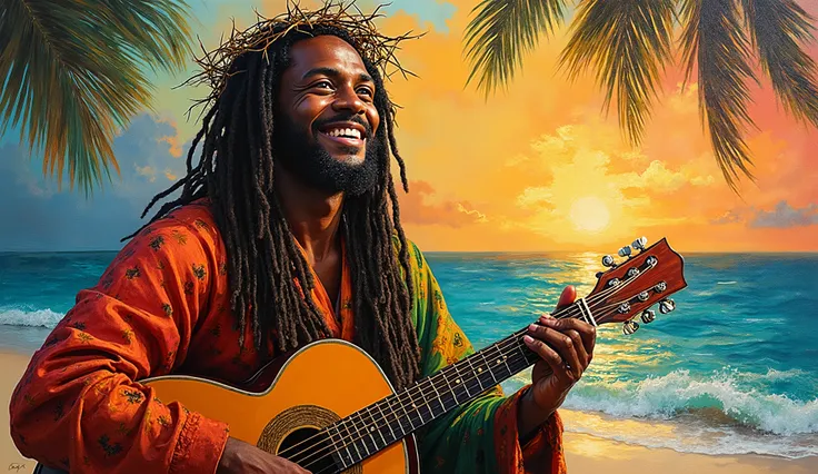 Close-up Abstract painting of a smile man with dreadlocks and a crown of thorns, wearing colorful reggae-inspired robes, Playing accoustic guitar on a tropical beach at sunset, vibrant sky and ocean blending with bold brushstrokes, palm leaves swirling in ...