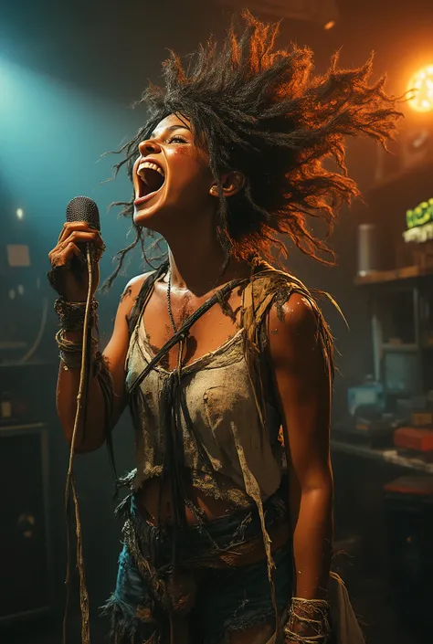 a woman singing karaoke with torn, tattered clothes、Her hair is also unkempt