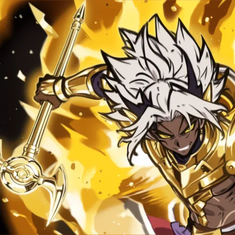 chef-d'œuvre, meilleure qualité, qualité étonnante, taned skin, gold armor, gold claws, millenium rod, male character, anime evil character,