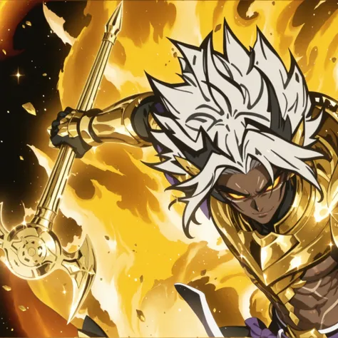 chef-d'œuvre, meilleure qualité, qualité étonnante, taned skin, gold armor, gold claws, millenium rod, male character, anime evil character,