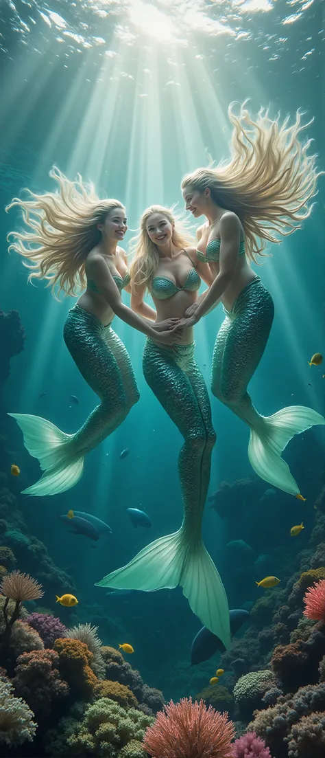 an ultra photo realistic full body image of (three beautiful happy smiling long white blond supermodel Mermaids:1.5) with green silvery giant tail fin, holding hands, hair flowing in all directions in the water, strapless bikini top, underwater, swimming a...