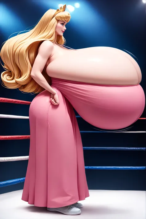 huge breasts,huge breasts,Disney Princess Aurora is swinging her gigantic breasts from side to side. She also has super wide hips. She is wearing her iconic pink gown. She has blonde hair and is wearing a crown. (((((gigantic breasts))))), (breast squeeze)...