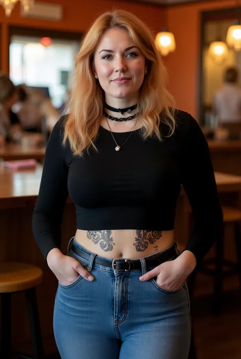 Full-body candid photorealistic portrait of a confident woman in her 40s standing casually in a warmly lit café or bar. She has shoulder-length strawberry-blonde wavy hair with soft natural volume and a middle part. Her face is round with gentle cheeks, vi...