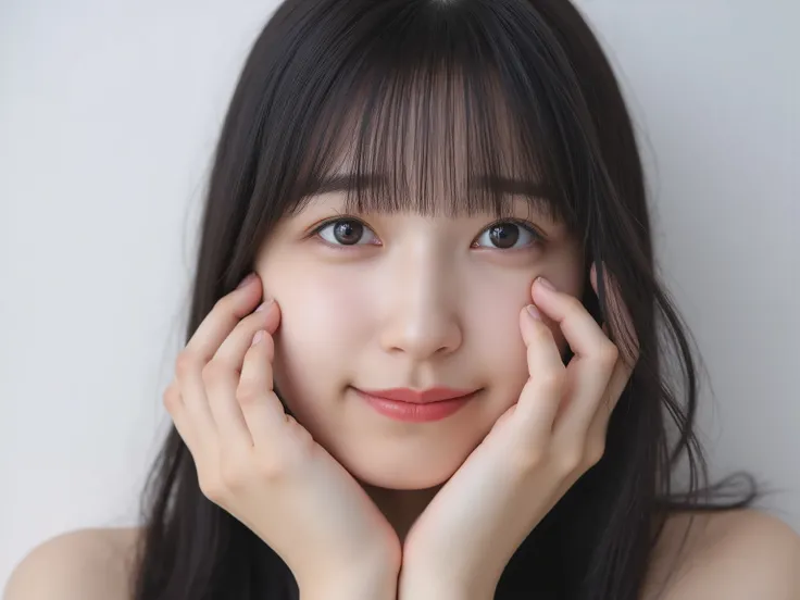 (Refined from an old photo, recreated in a modern, ultra high-quality photorealistic style, with a trendy Reiwa-era hairstyle: soft semi-long hair with natural waves and airy see-through bangs),
Ultra photorealistic close-up portrait of a beautiful Japan...