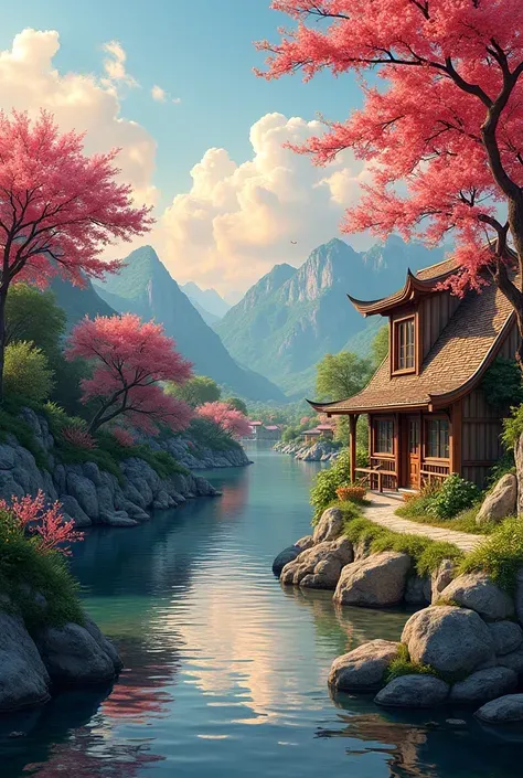 a small village by the river，Background is mountains，Flowers bloom，Brightly colored，Detailed Scenery，Beautiful Natural Scenery，Ambiance Lighting，Burning Sunsets，a warm color palette，utility，utility摄影，Detailed Leaves，Intricate architecture，cobblestone stree...