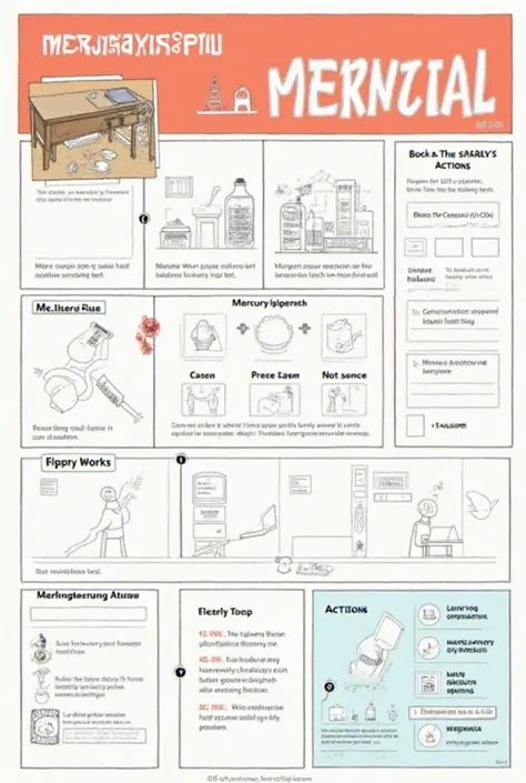 Create a highly detailed illustration of a safety instruction poster in a comic-book style, designed as an educational infographic about handling a mercury spill. The entire poster has a light gray border and a white background. Do not include any text any...