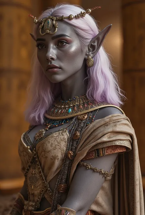 Upper body shot, (1a grey-skinned  teen-European woman -dark elf(Drow), ((a dark elf,темно-серая кожа,красноватые глаза,серебристые волосы)), pointed elf ears, grey skin, light purple hair, closed mouth, ancient Egyptian noble attire, Egyptian jewelry, dyn...