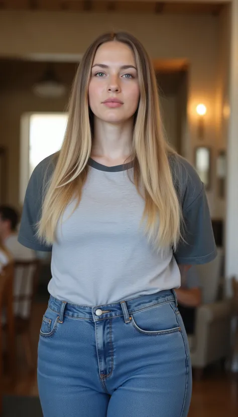 Candid photorealistic portrait of a confident young adult woman with straight, glossy blonde hair and a calm self-assured expression. bully vibes. soft cheeks and natural skin texture. Realistic full figure with wide hips, soft curves, and balanced proport...