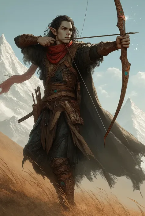 An elven samurai archer standing on a windswept hill, drawing a curved longbow that crackles with faint air marks. He has pointed elven ears and an athletic, toned build, wearing black light-to-medium samurai armor adapted for agility — layered dark robes,...